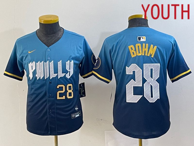 Youth Philadelphia Phillies #28 Bohm Blue City Edition Nike 2024 MLB Jersey style 2